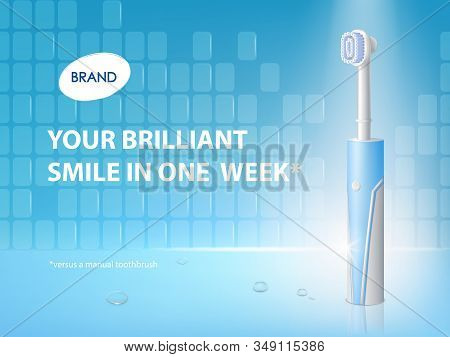 3d Realistic Toothbrush On Ad Poster. Promo Banner With Hygiene Product. Dentist Equipment, Modern E