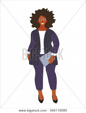 Black Business Woman With Laptop. Brazilian Woman Stands And Smiles, Office Worker, Fashionable Stud