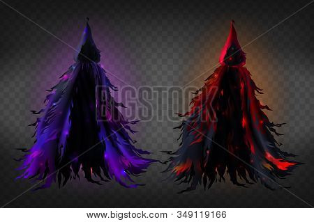 Realistic Witch Costume With Hood, Black Ragged Cape With Red And Purple Glow For Halloween Party Is