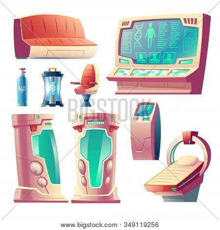 Cartoon Set With Futuristic Equipment For Hibernation, Empty Cryogenic Cameras For Sleeping In Space