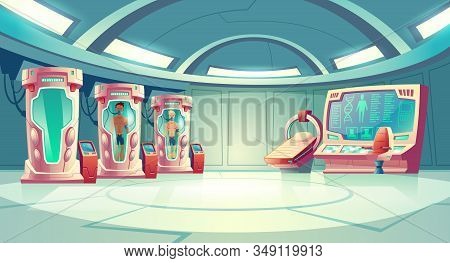 Human Cloning Or Dna Research In Secret Science Laboratory Carton Concept With Young Men Sleeping In