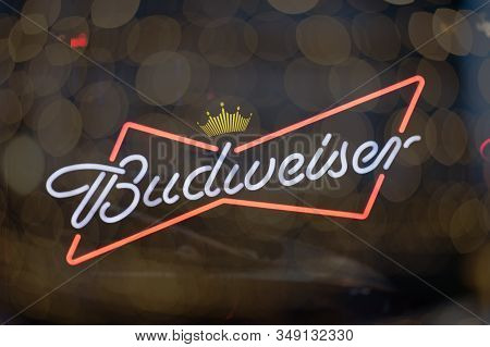 New York City, Usa - October 26: Budweiser Neon Signs Typically Found In Bars And Lounges With Bokeh