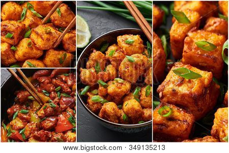 Food Collage. Indian Chinese Cuisine Dishes Set. Paneer Manchurian, Gobi Manchurian, Chicken Manchur