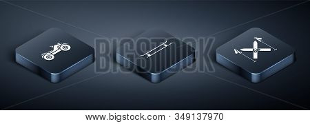 Set Isometric All Terrain Vehicle Or Atv Motorcycle, Ski And Sticks And Skateboard Icon. Vector