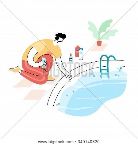 Vector Isolated Illustration Of Man Cheking And Balancing Ph Levels Of Swimming Pool Water With Test