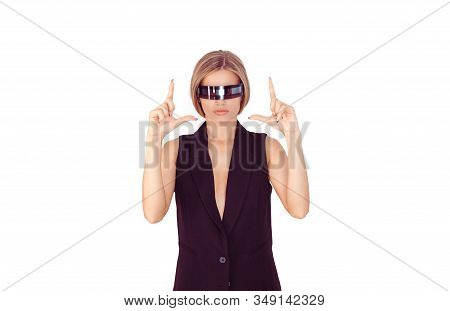 Pretty Young Cyborg Woman Gesturing Fingers Up Showing Virtual Frame On White Background.
