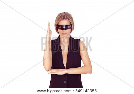 Pretty Cyborg Woman Standing With One Hand Up On White Background.