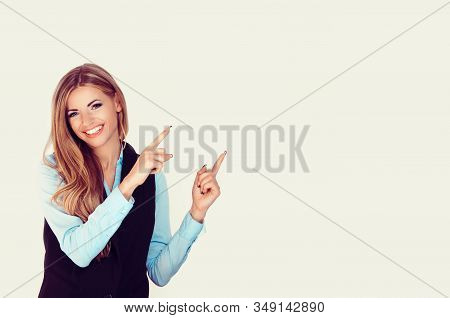 Look Here, Advertisement. Happy Woman Smiling Showing Look Here At Copy Space At My Text, Product Ge