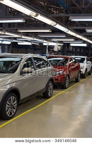 Russia, Izhevsk - December 14, 2019: Lada Automobile Plant Izhevsk. New Modern Cars Lada Xray Ready 