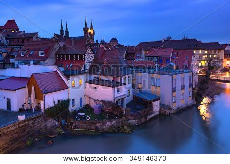 Aerial Panoramic View Of Old Town Of Bamberg Over The Regnitz River With Michelsberg Monastery At Ni