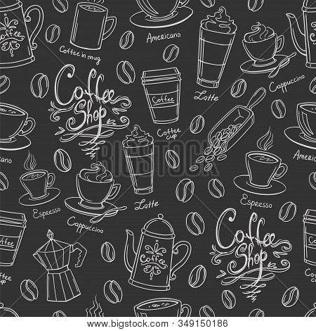 Coffee Shop Design Seamless Background. Stylized Coffee Pattern. Vector.