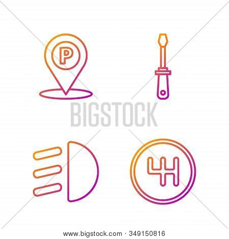 Set Line Gear Shifter, High Beam, Location With Parking And Screwdriver. Gradient Color Icons. Vecto