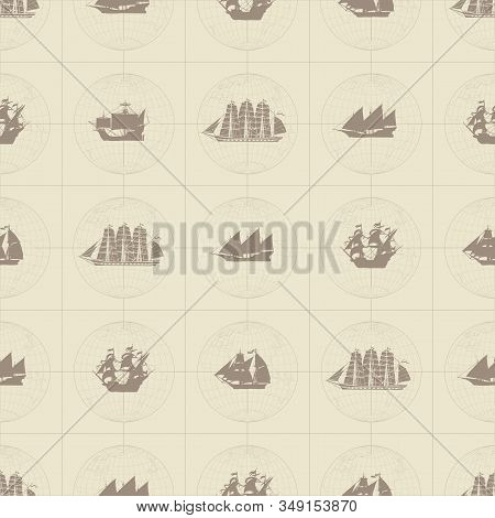 Vector Seamless Pattern On The Theme Of Nautical Travel, Adventure And Discovery With Various Sailin