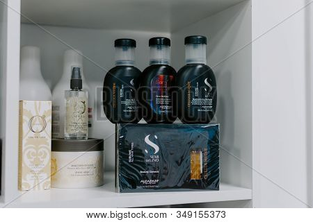 Hair Cosmetics In Hairdressing Salon. Women Hair Care Set, Mask, Cellula Madre Glow Multiplier. Krop