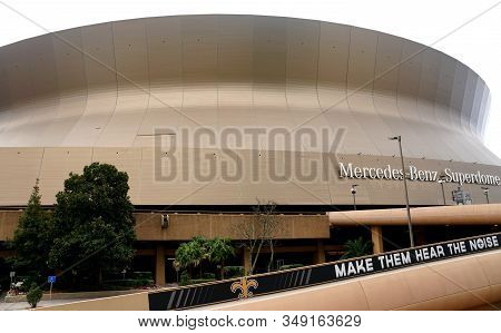 New Orleans, Louisiana, U.s.a - February 4, 2020 - The Close View Of Superdome On Sugar Bowl Drive