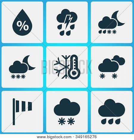 Climate Icons Set With Cold, Thundershower, Vane And Other Cloudy Small Amount Of Snow Elements. Iso