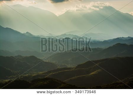 Panoramic View On Mountains And Hills In Sunset In Albania
