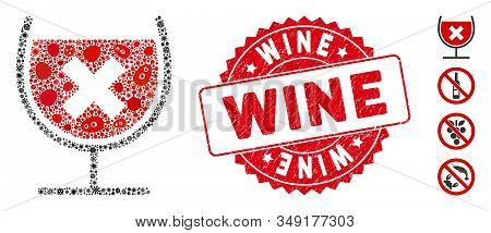 Microbe Mosaic Stop Drink Wine Icon And Rounded Grunge Stamp Watermark With Wine Phrase. Mosaic Vect