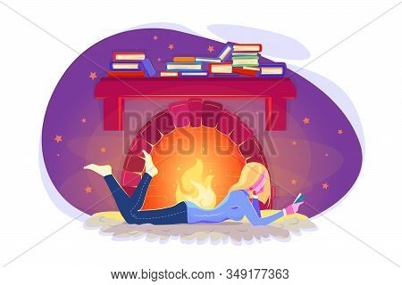 Girl Read Book In Winter By Fireplace. Cold Weather Illustration. Modern Education Concept. Cozy Win