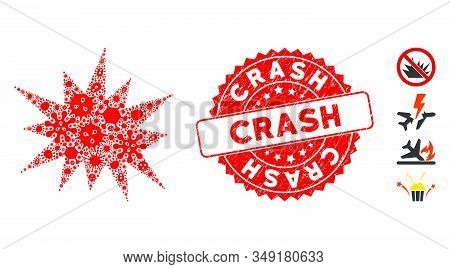 Infection Mosaic Bang Icon And Round Distressed Stamp Seal With Crash Text. Mosaic Vector Is Created
