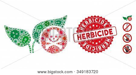 Contagion Collage Herbicide Icon And Round Rubber Stamp Watermark With Herbicide Text. Mosaic Vector