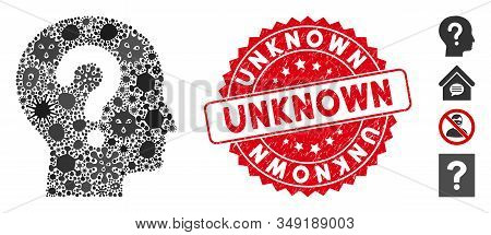 Outbreak Mosaic Unknown Icon And Round Grunge Stamp Seal With Unknown Text. Mosaic Vector Is Created
