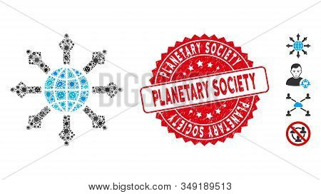 Virus Mosaic Planetary Society Icon And Rounded Corroded Stamp Seal With Planetary Society Phrase. M
