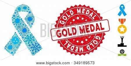Fever Collage Ribbon Icon And Rounded Rubber Stamp Watermark With Gold Medal Text. Mosaic Vector Is 