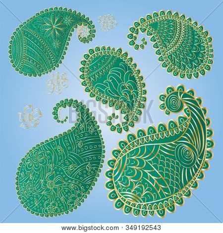 Five Unique Paisley Elements In Trendy Green And Gold Colors.