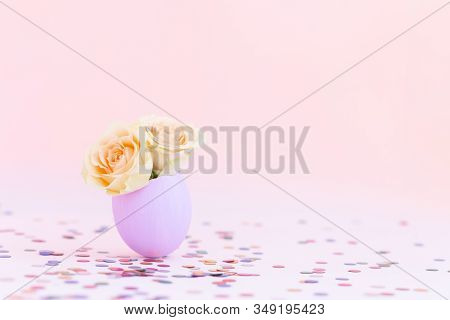 Purple Easter Eggshell With Yellow,orange,beige Pastel Small Roses On Pink Background, Multicolor Co