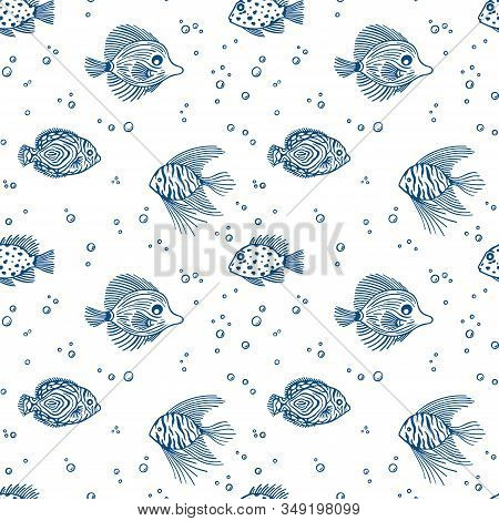 Seamless Outline Pattern Of Fish With Bubbles.vector Endless Pattern. Fish Pattern On White Backgrou