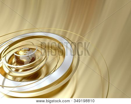 3D rendering of a glolden earth with swirls suggesting orbits and rotation