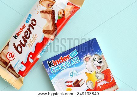 Kinder Chocolate Small Box For Kids And Bueno White Chocolate Bar Made By Ferrero Spa. Kinder Is A C
