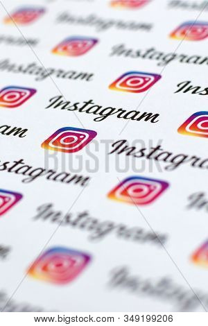 Instagram Pattern Printed On Paper With Small Instagram Logos And Inscriptions. Instagram Is America