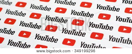 Youtube Pattern Printed On Paper With Small Youtube Logos And Inscriptions. Youtube Is Google Subsid