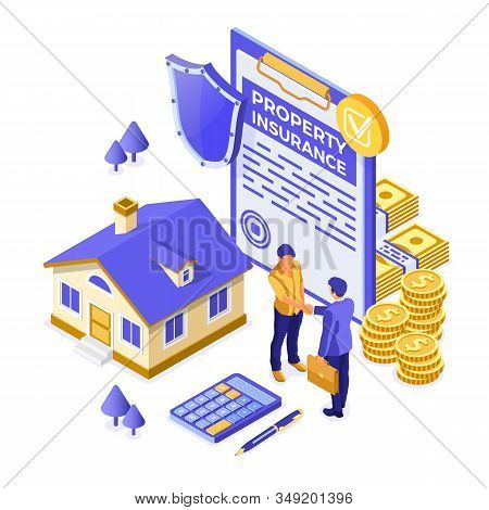 Propery House Insurance Isometric Concept For Poster, Web Site, Advertising With Home Insurance Poli