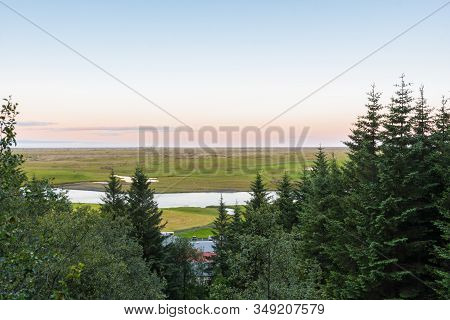 View Over The Landscape Surrounding Kirkjubaejarklaustur In South Iceland On A Sunny Summer Evening