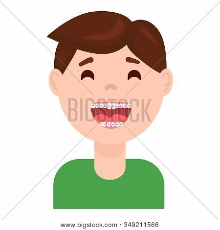 Braces Dental Treatment For Kids. Cute Cartoon Boy With Teeth Braces. Smiling Kids Wearing Braces