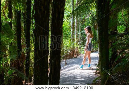 Attractive Teenage Girl On Path Of Bush Walk Highlighted Between Silhouettes Of Trees And Ferns In M