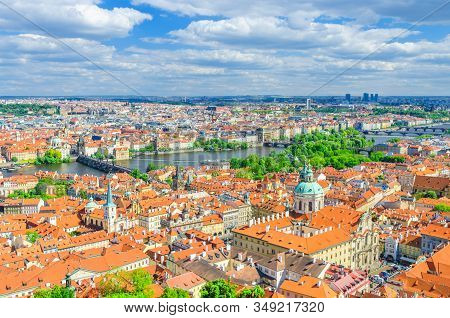 Top Aerial Panoramic View Of Prague Historical City Centre With Red Tiled Roof Buildings In Mala Str