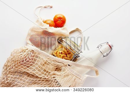 Zero Waste, Plastic-free And Eco-friendly Lifestyle And Shopping. Cotton Mesh Bag, Products In Glass