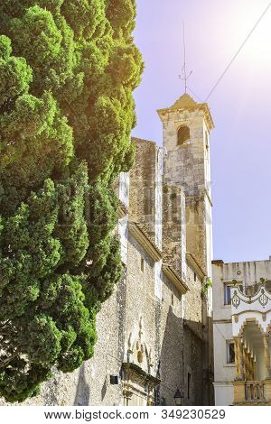 Bell Tower Of Medieval Stone Cathedral And Cypress Tree. Church, Iglesia Arbos In The Village Arbos 