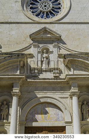 Medieval Stone Cathedral. Entrance Of The Main Church, Iglesia Arbos In The Village Arbos Del Panade