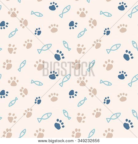 Seamless Pattern With Simple Fish And Paw Print From Cat Steps. Color Vector Illustration. Design Fo