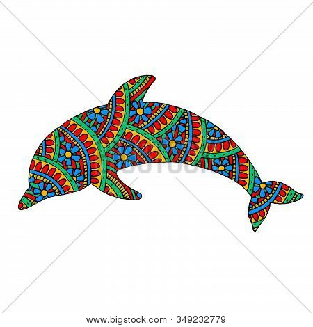 Painted Dolphin In Multi-colored Patterns. White Background