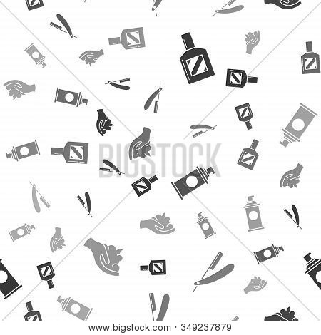 Set Aftershave, Straight Razor, Shaving Gel Foam And Shaving Gel Foam On Hand On Seamless Pattern. V