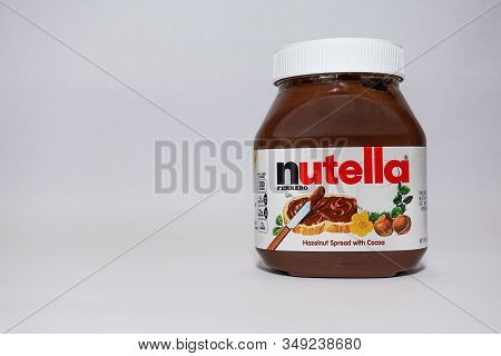 Orlando, Fl/usa-2/3/20: A Jar Of Nutella  Hazelnut Spread With Cocoa Isolated On A White Background.