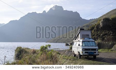 Mojanda Lagoon, Ecuador - February, 21st, 2019: Camper Vehicle Parked At The Shore