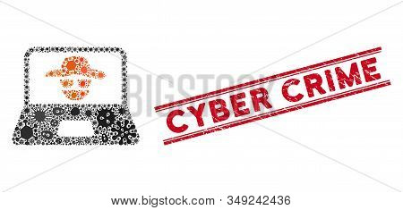 Biohazard Mosaic Cyber Crime Icon And Red Cyber Crime Stamp Between Double Parallel Lines. Mosaic Ve