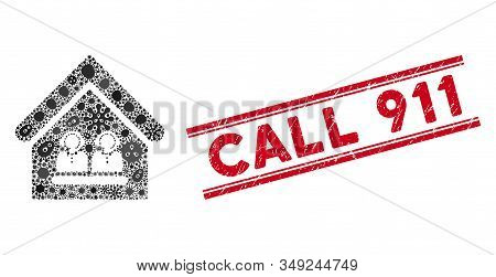Outbreak Mosaic Call Center Office Icon And Red Call 911 Seal Stamp Between Double Parallel Lines. M